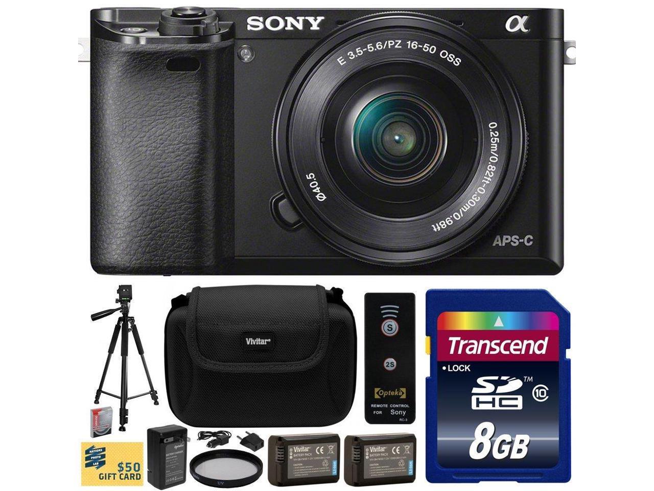 Sony Alpha a6000 24.3 MP Interchangeable Mirrorless Lens Camera with 16-50mm Power Zoom Lens with 8GB Memory Card + 2x NP-FW50 Battery + Charger + Tripod + UV Filter + Carrying Case + Wireless Remote