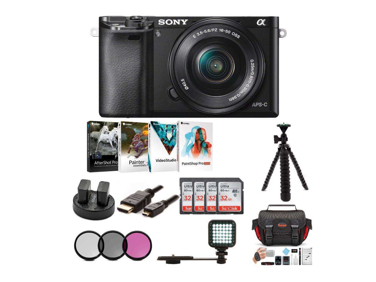 Sony Alpha a6000 Mirrorless Camera with 16-50mm Lens and Four 32GB SD Card Bundle