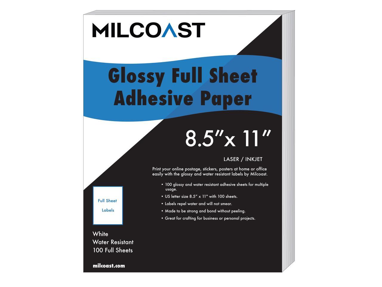 Milcoast Full Sheet 8.5” x 11” Shipping Sticker Paper Adhesive Labels Glossy Water Resistant for Laser or InkJet Printer (100 Full Sheet)