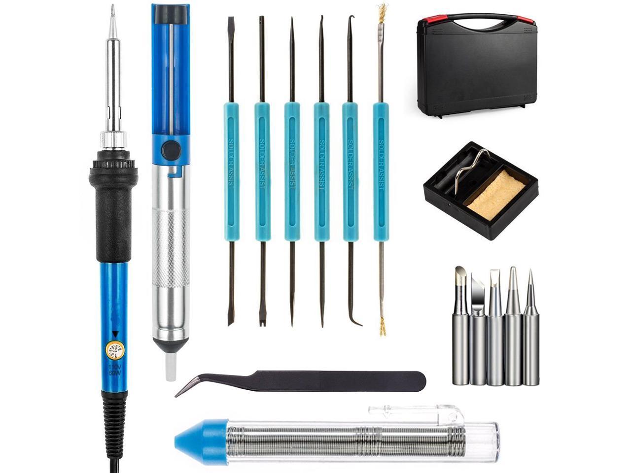 Corn Electronics 16-in-1 60W 110V Adjustable Temperature Welding Soldering Iron with Desoldering Pump, 5pcs Different Tips, Stand, Anti-static Tweezers, Additional Solder Tube, and Carry Case