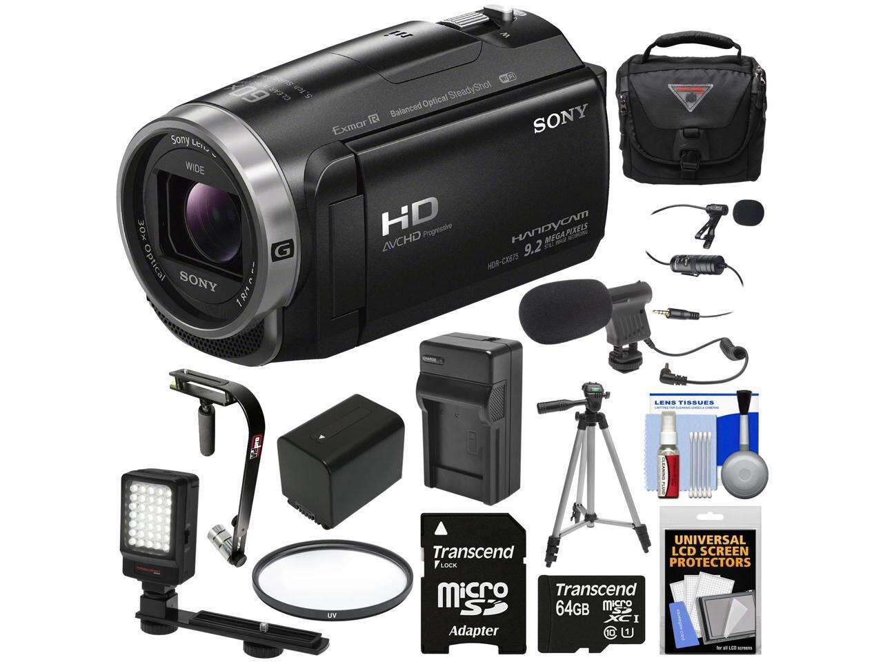 Sony Handycam HDR-CX675 32GB Wi-Fi HD Video Camera Camcorder with 64GB Card + Battery & Charger + Case + Tripod + Stabilizer + LED + Microphones + Kit