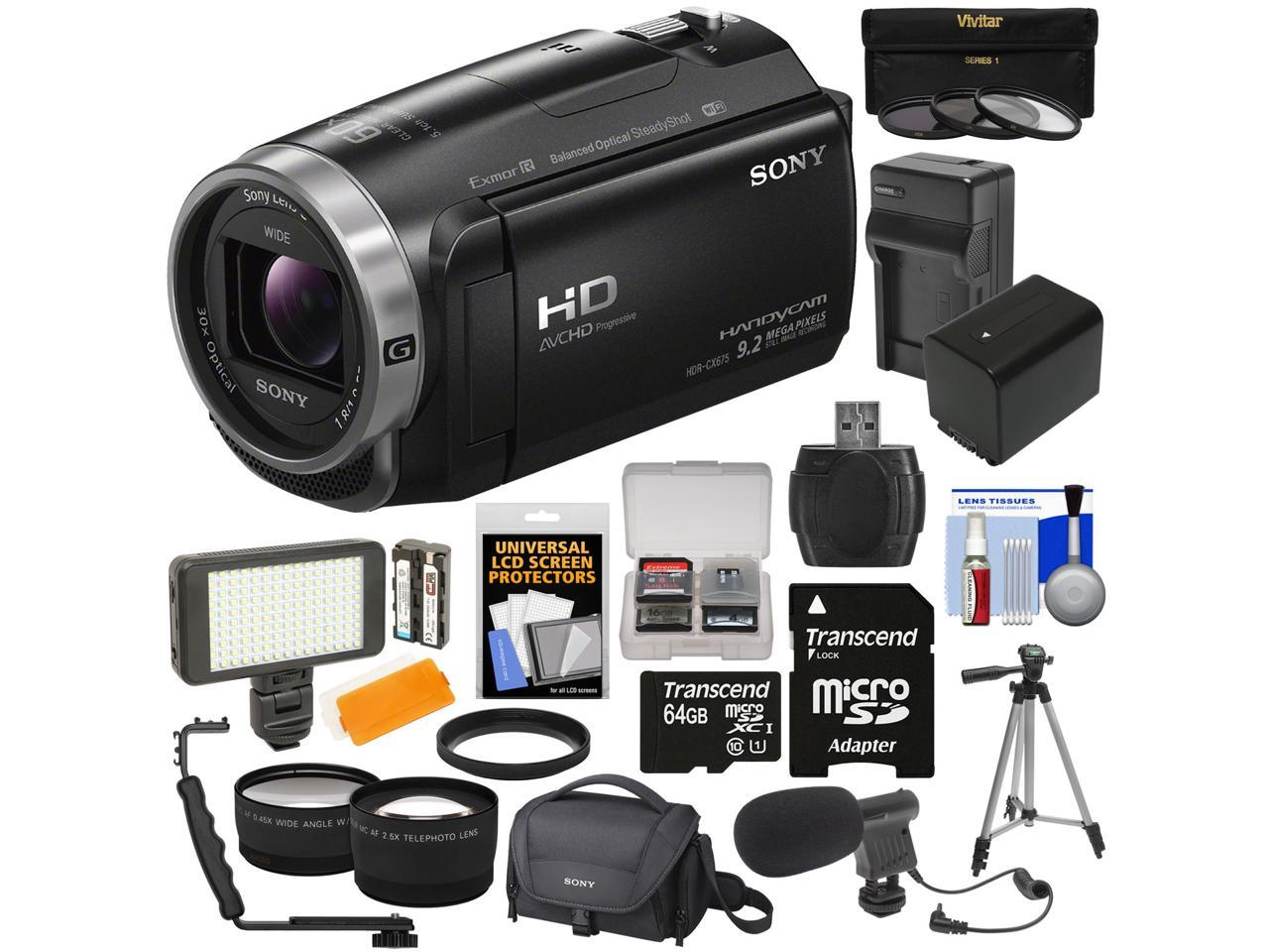 Sony Handycam HDR-CX675 32GB Wi-Fi HD Video Camera Camcorder with 64GB Card + Battery & Charger + Case + Tripod + LED Light + Mic + Tele/Wide Lens Kit