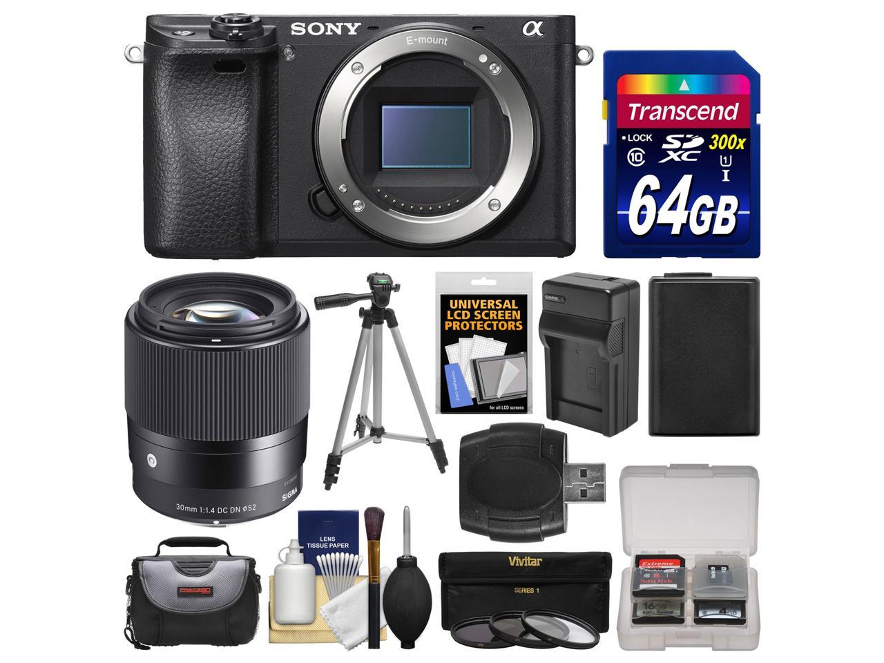 Sony Alpha A6300 4K Wi-Fi Digital Camera Body with Sigma 30mm f/1.4 Lens + 64GB Card + Case + Battery & Charger + Tripod + Filters Kit