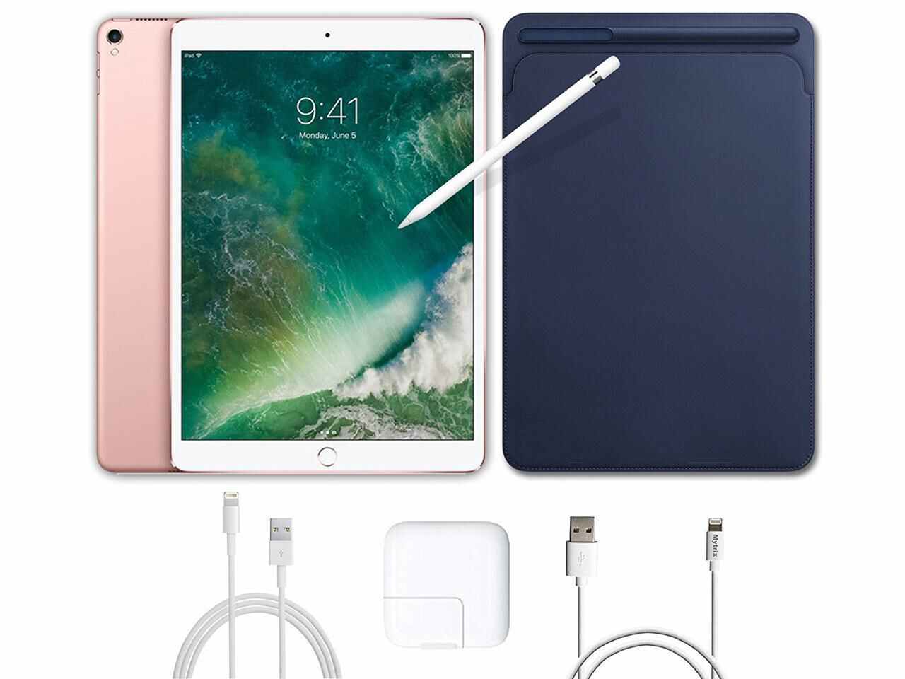 2017 New iPad Pro Bundle (4 Items): Apple 10.5 inch iPad Pro with Wi-Fi 256 GB Rose Gold, Midnight Blue Leather Sleeve, Apple Pencil and Mytrix USB Apple Lightning Cable