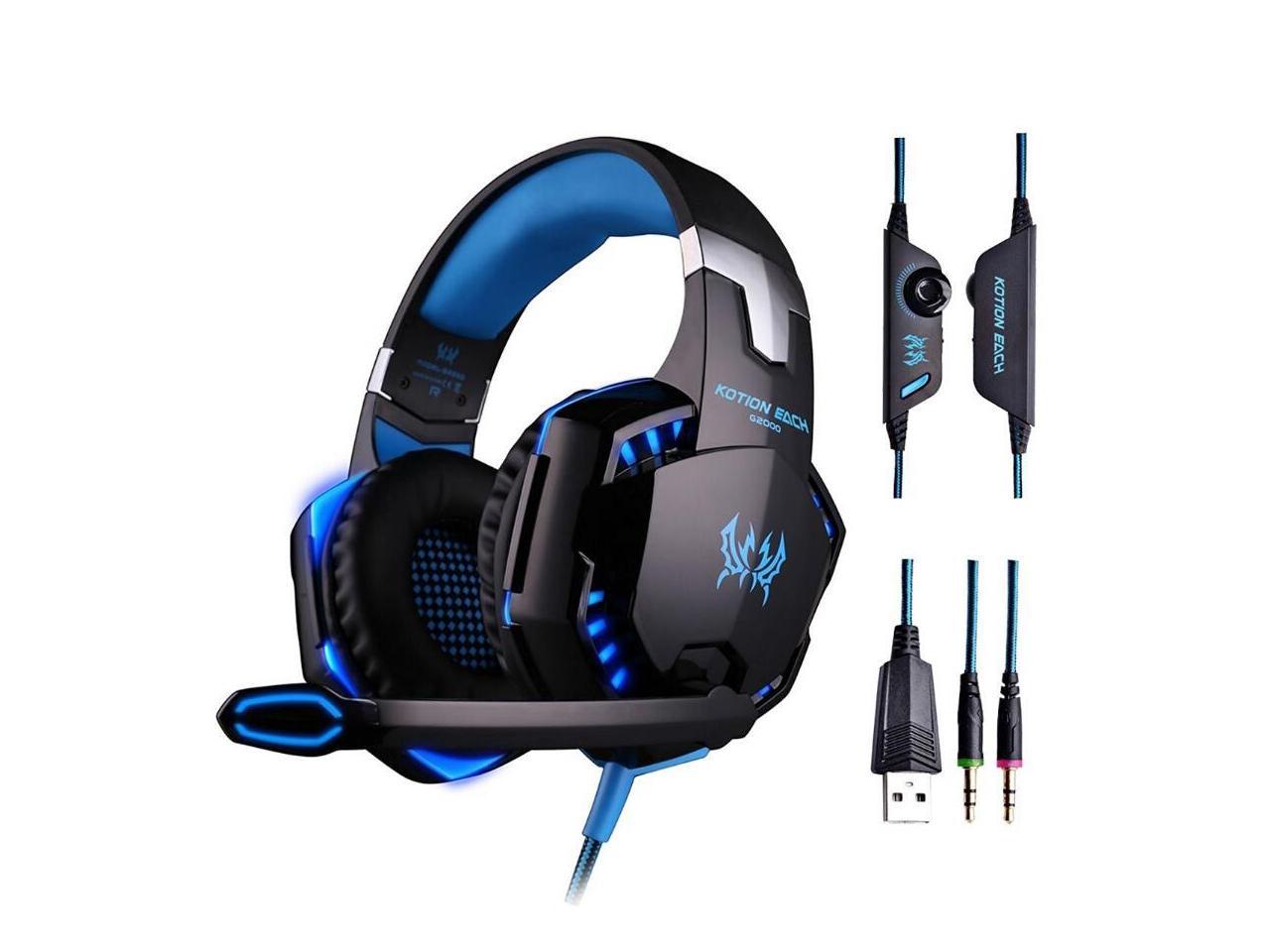 US Stock HaoYiShang G2000 Stereo Gaming Headset for PS4 Xbox One, Bass Over-Ear Headphones with Mic, LED Lights and Volume Control for Laptop, PC, Mac, iPad, Computer, Smartphones, Blue