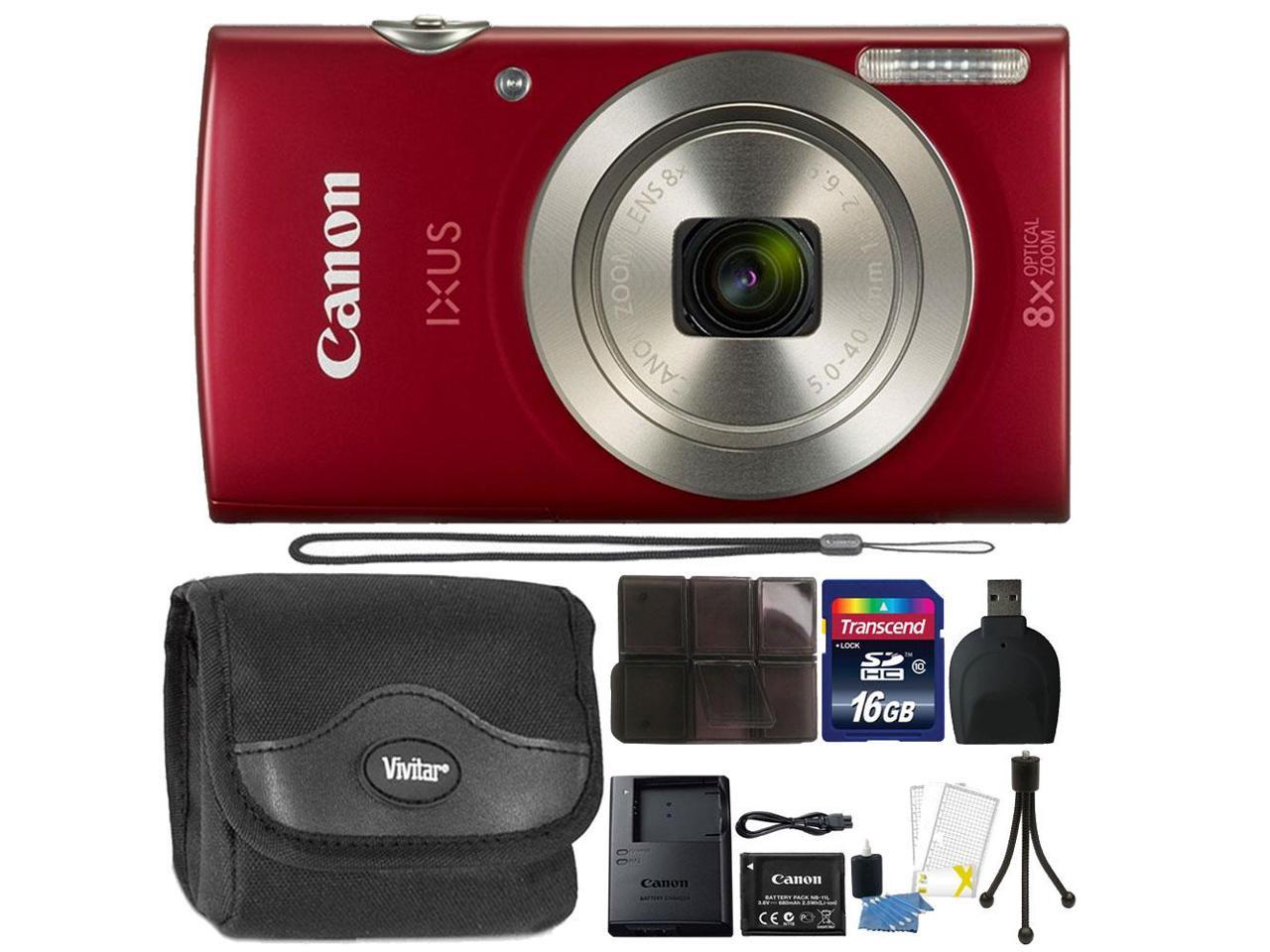 Canon IXUS 185 20.0 MP Compact Digital Camera Red + 16GB Memory Card + Wallet + Reader + Case + 3pc Cleaning Kit + Mini Tripod