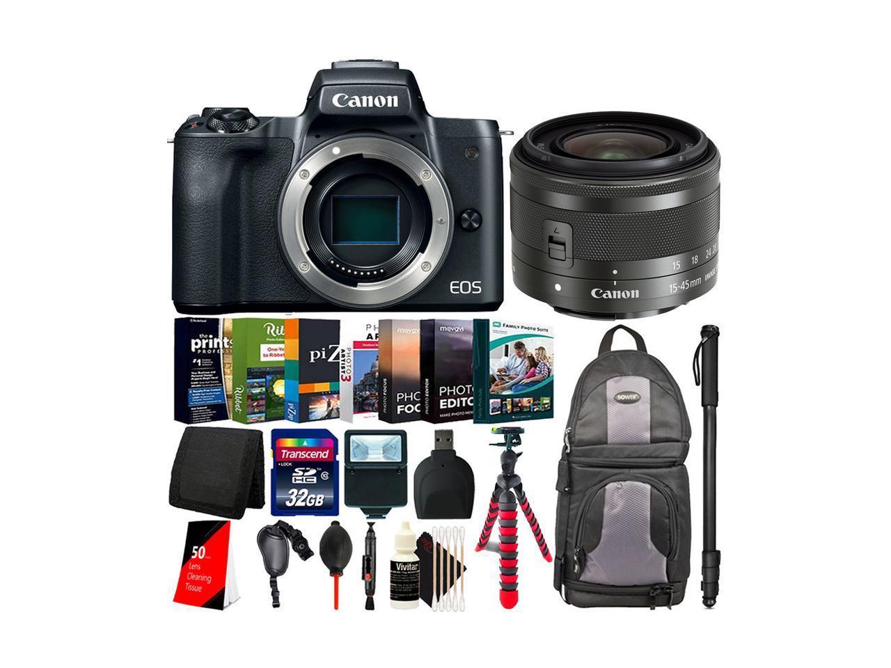 Canon EOS M50 Mirrorless Digital Camera with 15-45mm Lens + 62 Inches Monopod Accessory Kit
