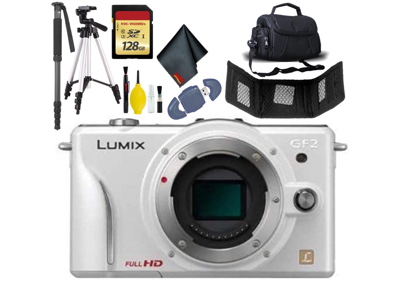 Panasonic Lumix DMC-GF2 Camera Body(W) - 128GB - Case XL - Tri + Monopod + More