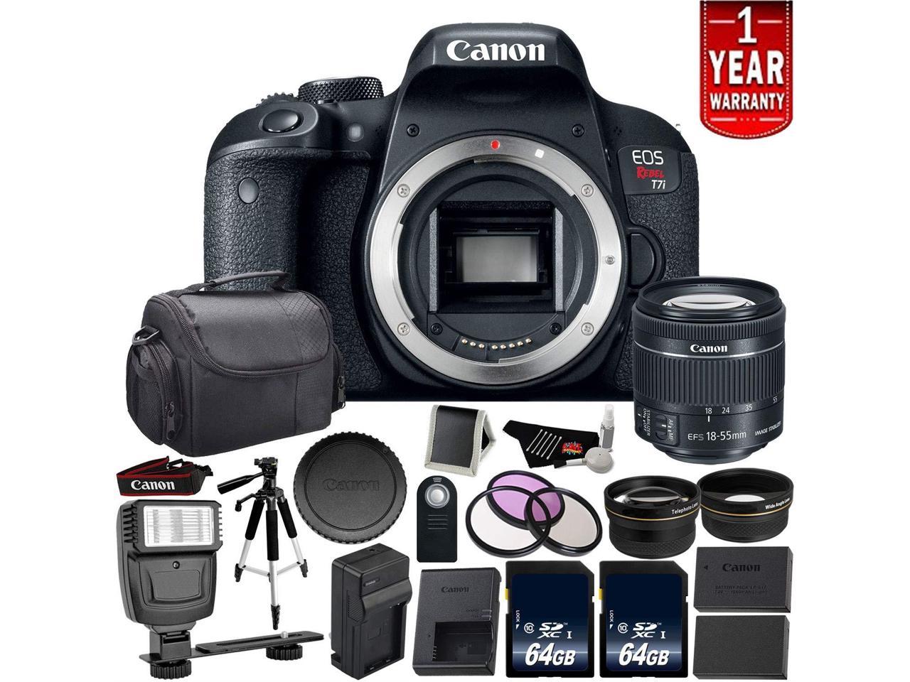 Canon EOS Rebel T7i Digital SLR Camera with 18-55mm Lens - Bundle with 2x 64GB Memory Cards + 1x 64GB Memory Card + Spare Battery + More (Intl Model)