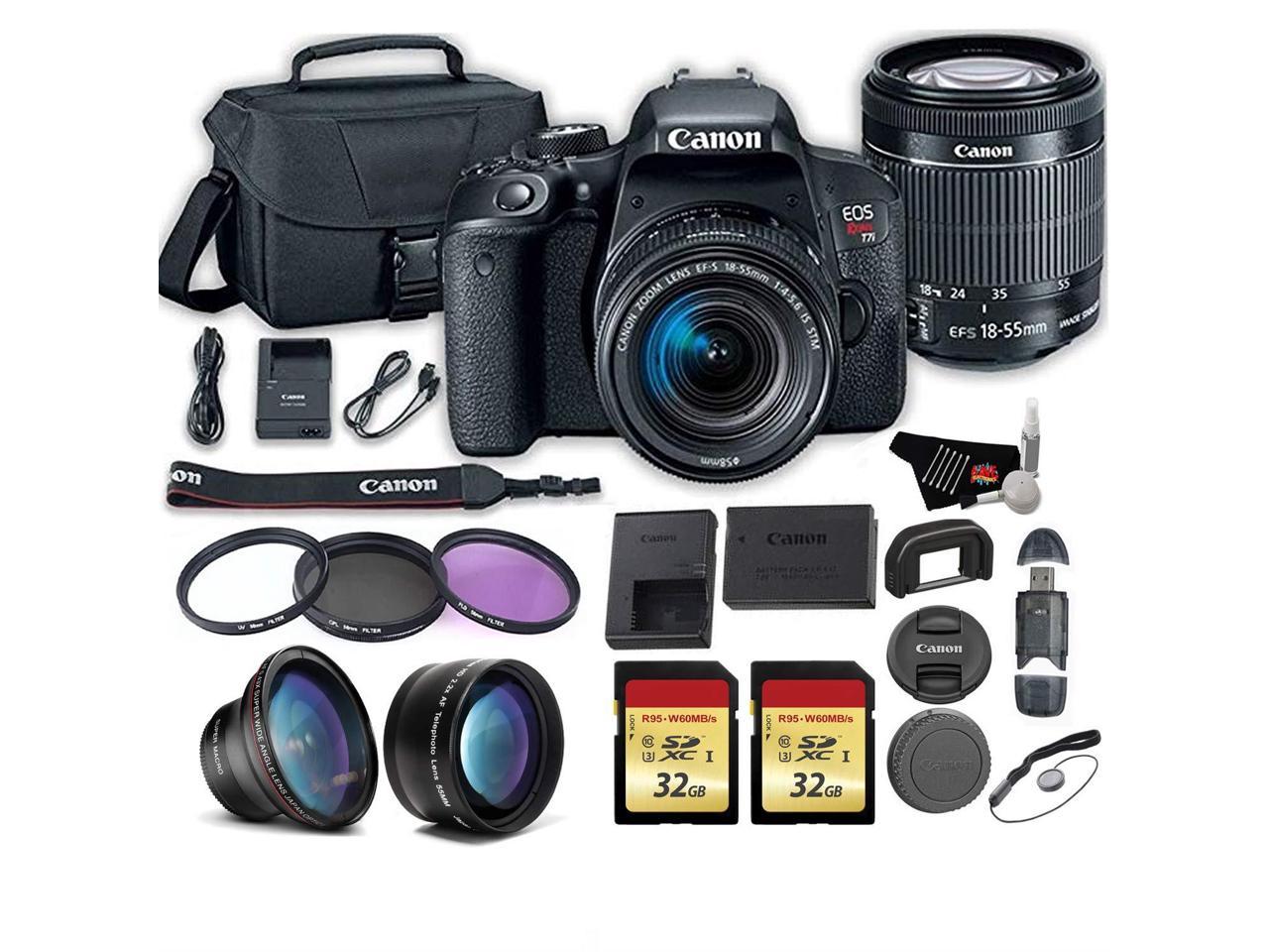 Canon EOS Rebel T7i DSLR Camera with 18-55mm IS STM Lens + Wideangle and Telephoto Lens + 2x 32GB Memory Cards + More