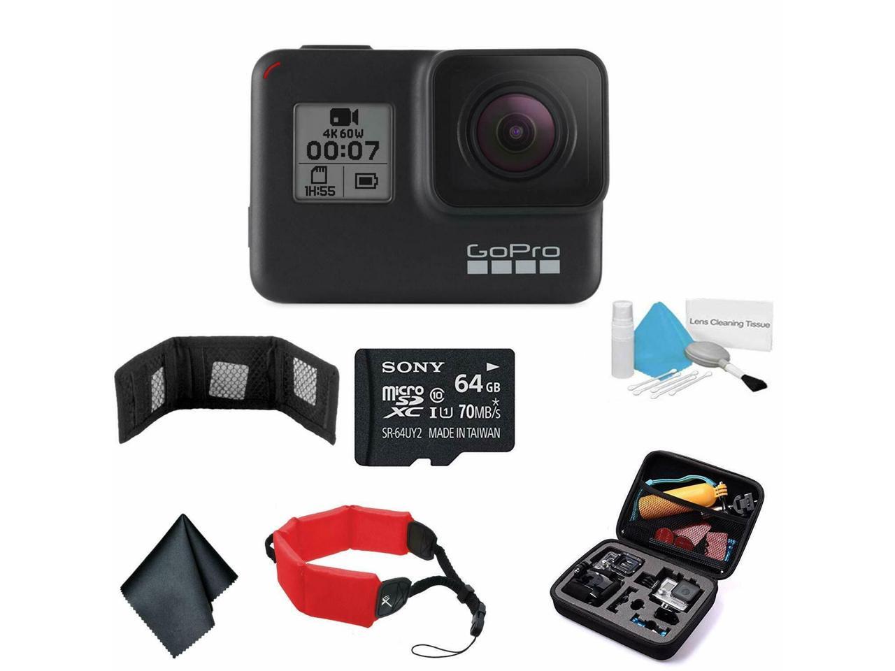 GoPro HERO7 (Black) — Waterproof Digital Action Camera with Touch Screen 4K HD Video 12MP Photos Live Streaming Stabilization - Bundle with 64GB Memory Cards + Floating Strap + More