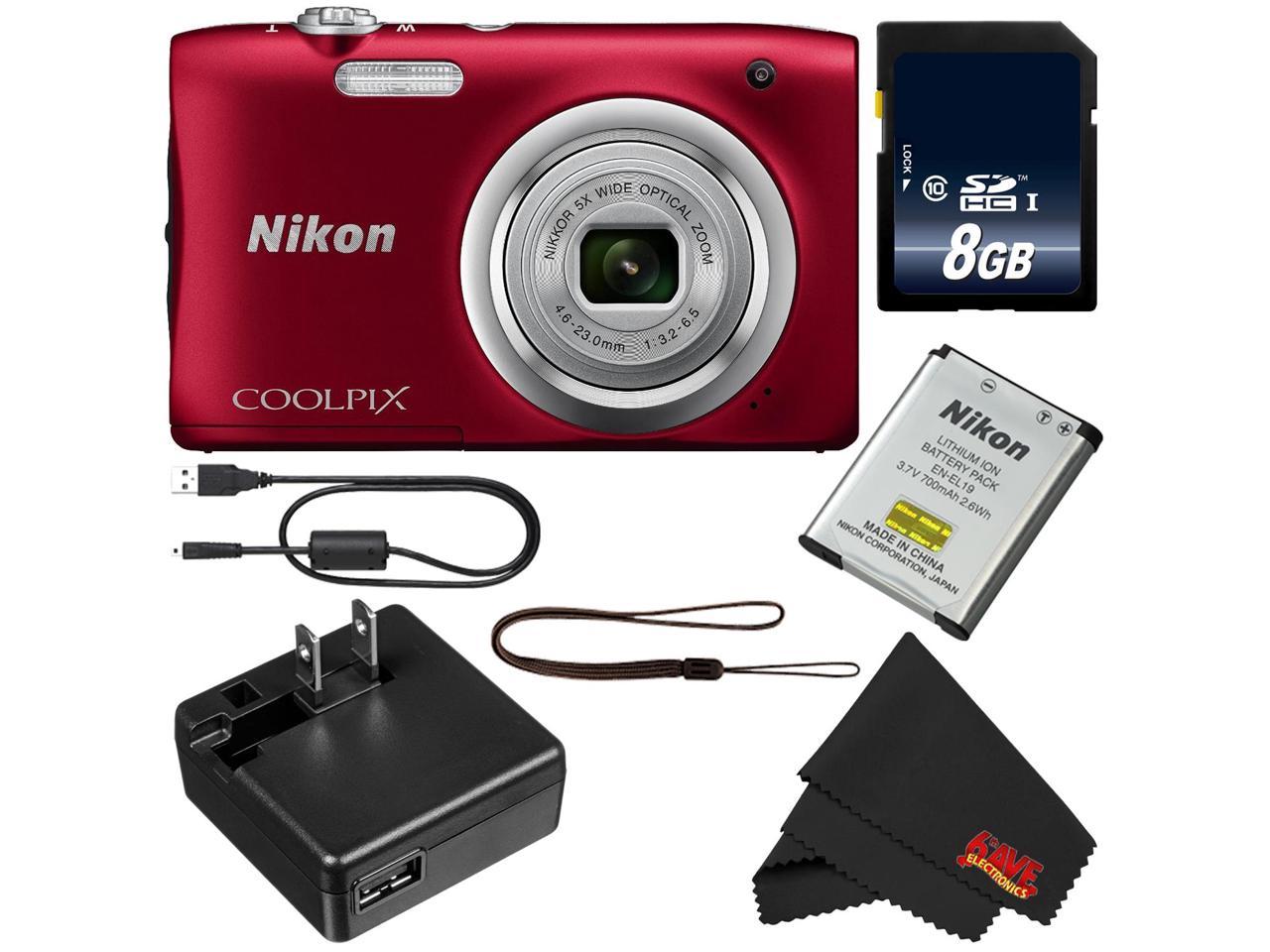 Nikon Coolpix A100 Digital Camera (Red) (International Model) + 8GB SDHC Class 10 Memory Card + MicroFiber Cloth Bundle