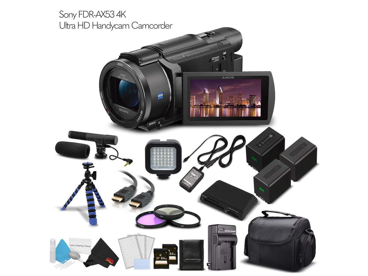 Sony FDR-AX53 4K Ultra HD Handycam Camcorder (Intl Model) 2 Extra Batteries + Case + 2 64GB Memory Cards + Tripod + Light and Microphone - Professional Bundle