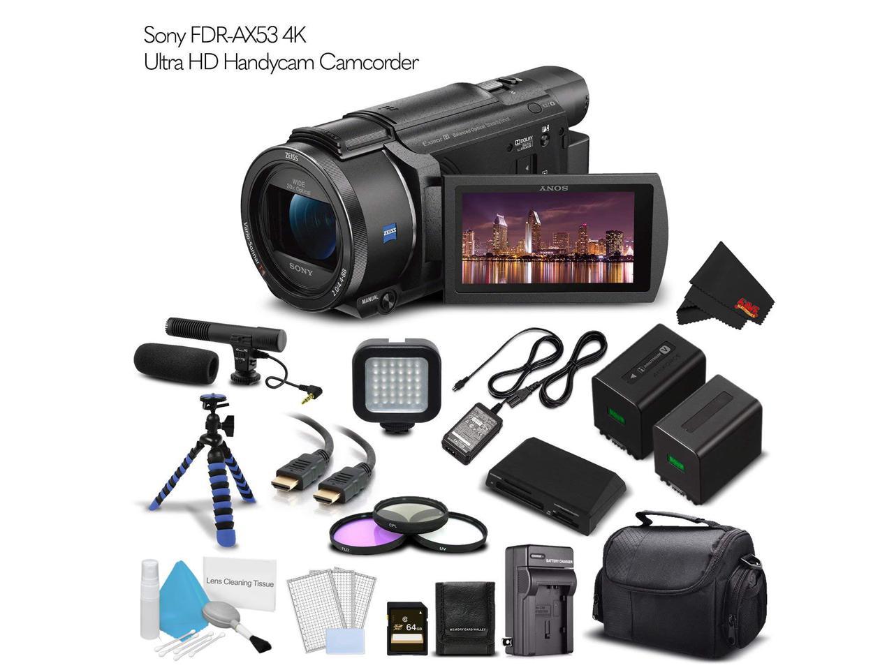 Sony FDR-AX53 4K Ultra HD Handycam Camcorder. (Intl Model) Extra Battery with Charger + 64GB Memory Card + Tripod + Light + Bag And More - Cinematographer Bundle