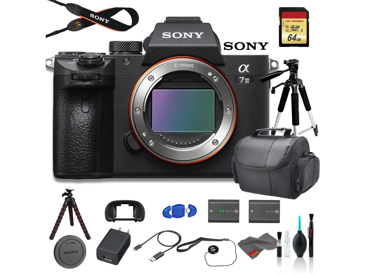 Sony Alpha a7 III Mirrorless Digital Camera (Body Only) Bundle - With Bag, Tripod, Extra Battery, 64GB Memory Card, Memory Card Reader and More