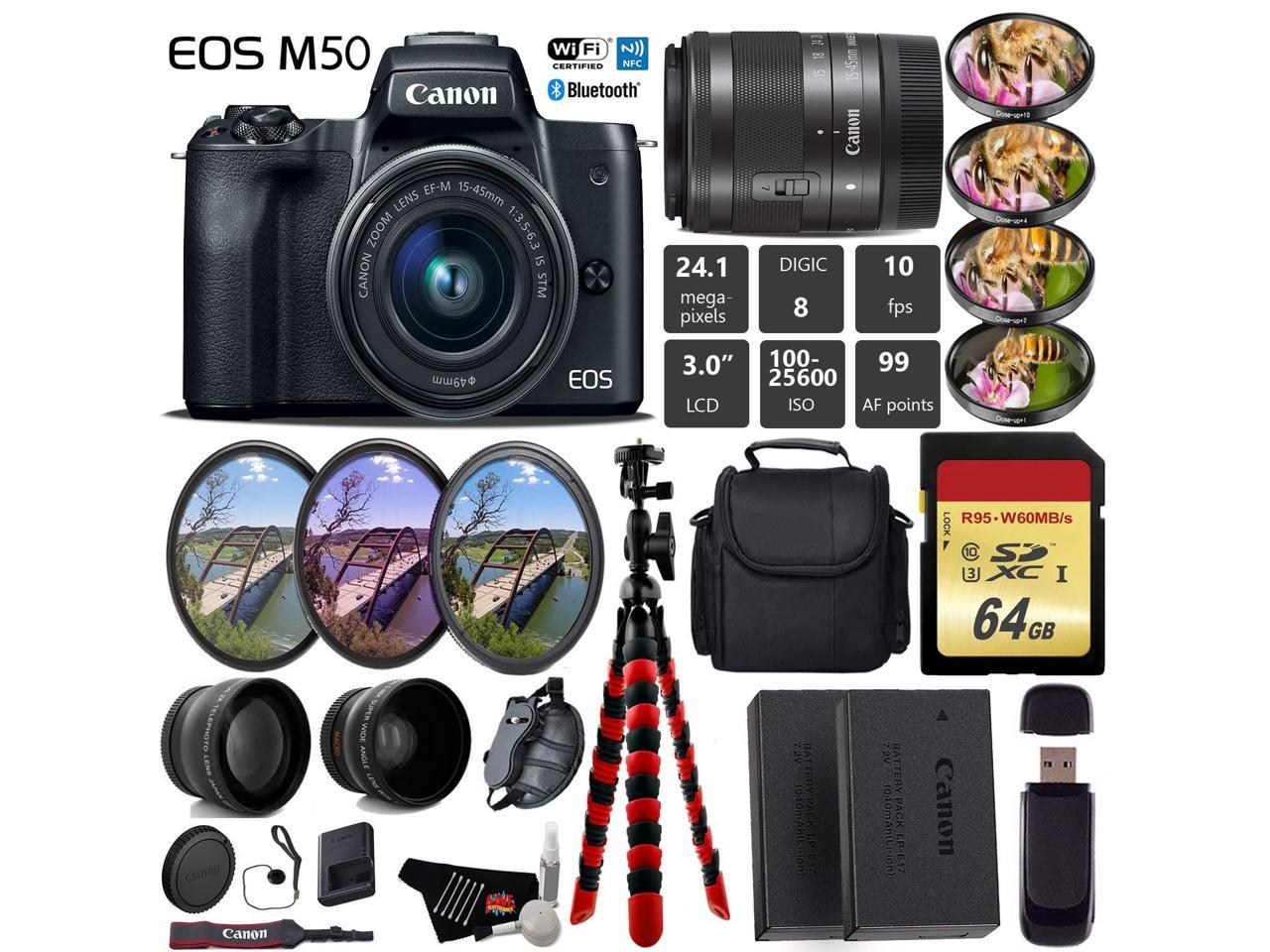 Canon EOS M50 Mirrorless Digital Camera with 15-45mm Lens + UV FLD CPL Filter Kit + 4 PC Macro Kit + Wide Angle & Telephoto Lens + Camera Case + Tripod + Card Reader - International Version