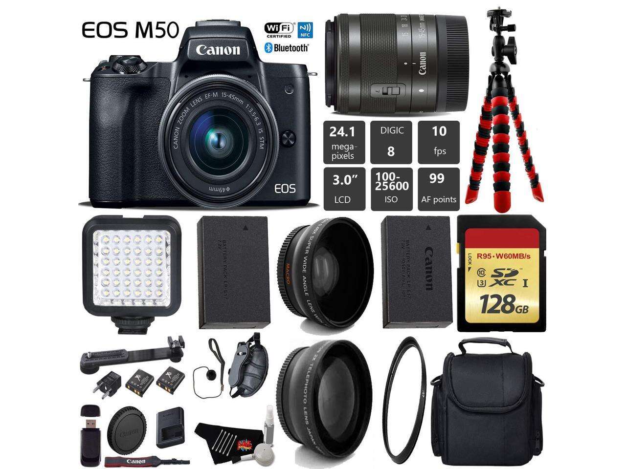 Canon EOS M50 Mirrorless Digital Camera with 15-45mm Lens + LED + UV FLD CPL Filter Kit + Wide Angle & Telephoto Lens + Camera Case + Tripod + Card Reader - International Version