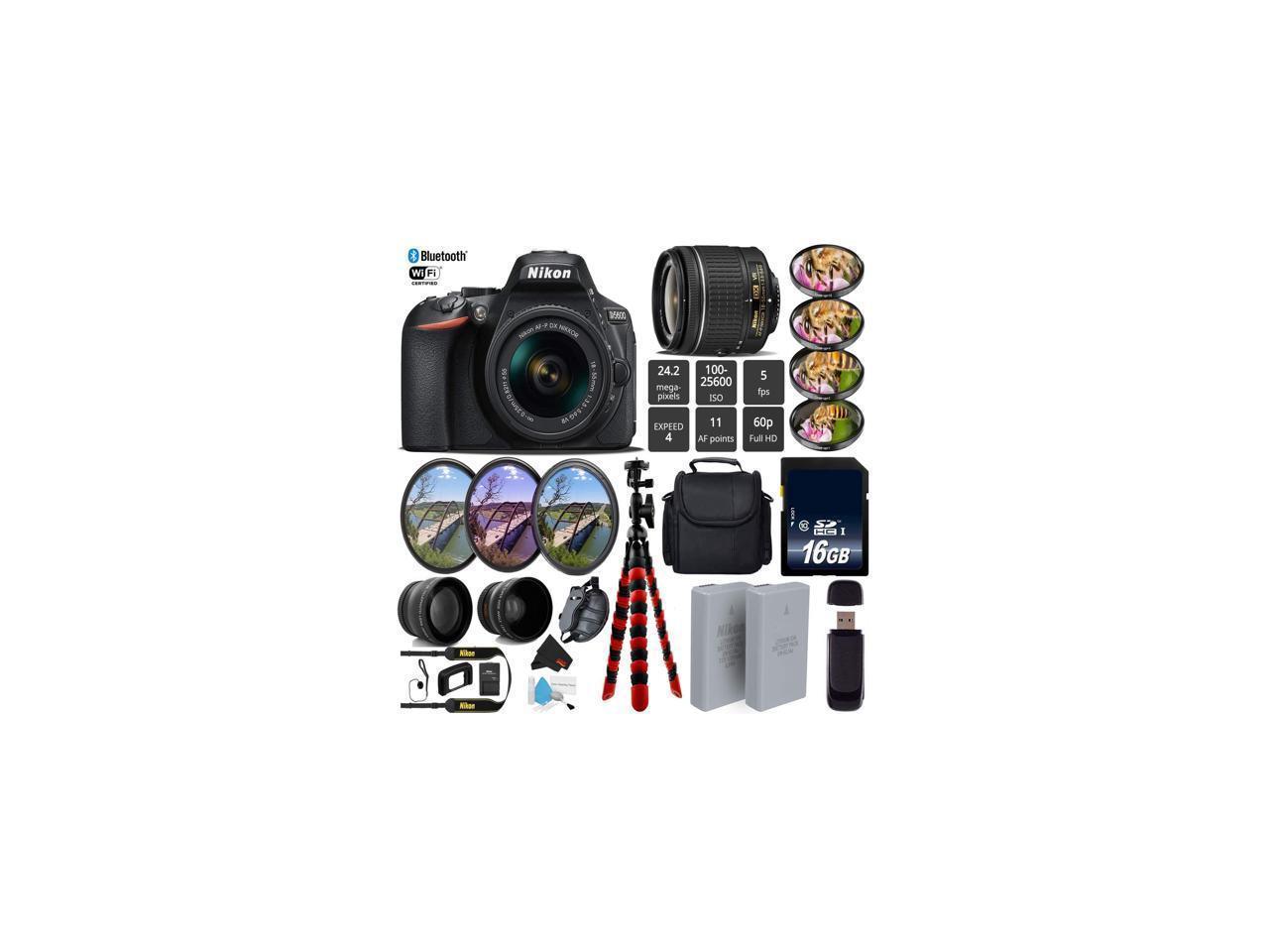 Nikon D5600 DSLR Wi-FI NFC 24.2MP DX CMOS Camera AF-P 18-55mm VR Lens + LED Light kit + Wide Angle & Telephoto Lens + 7PC Filter Kit + Camera Case - (Intl Model)