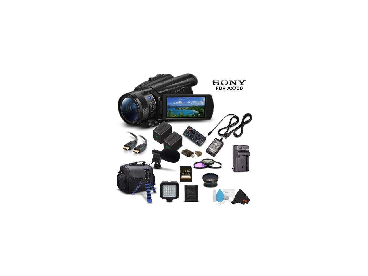 Sony Handycam FDR-AX700 4K HD Video Camera Camcorder Intl Model + Extra Battery and Charger + 3 Piece Filter Kit + Wide Angle Lens + Case + Tripod and More - Advanced Bundle