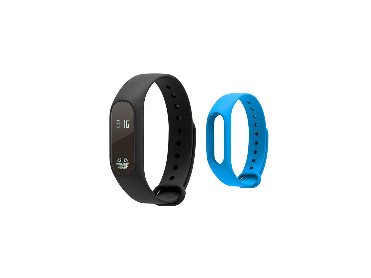 GuiWoo M2 Heart Rate Smart Wristbands Band IP67 Waterproof Smart Bracelet Call Remind Bluetooth 4.0 Smartband with Sleep Monitor For iOS Android (Black) + Blue Rubber Strap