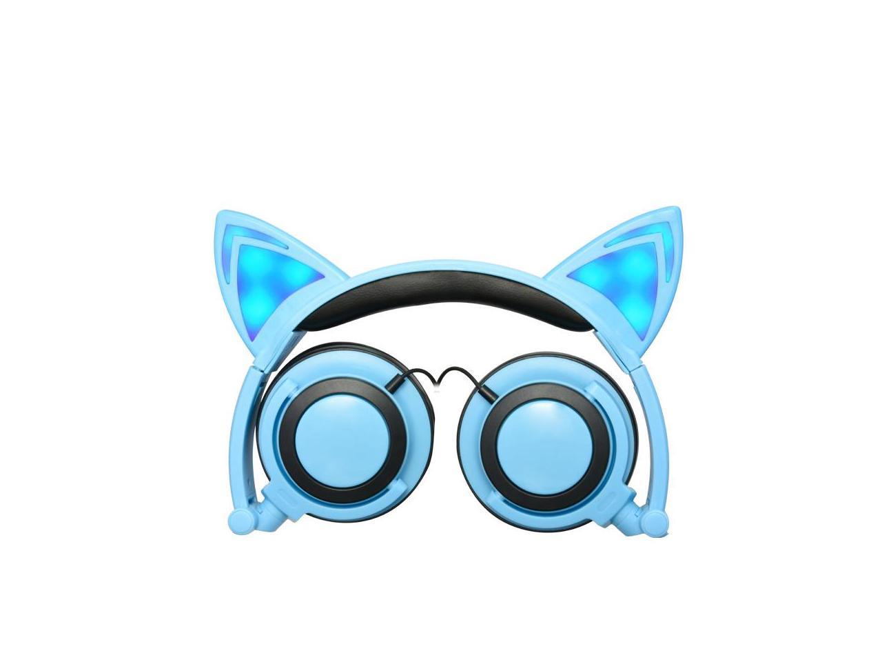 KOMRT Lovely Cat Ear Like Headphone with Blinking LED Lights, Stereo Voice Quality for Computer, Laptop, Cellphone - Blue