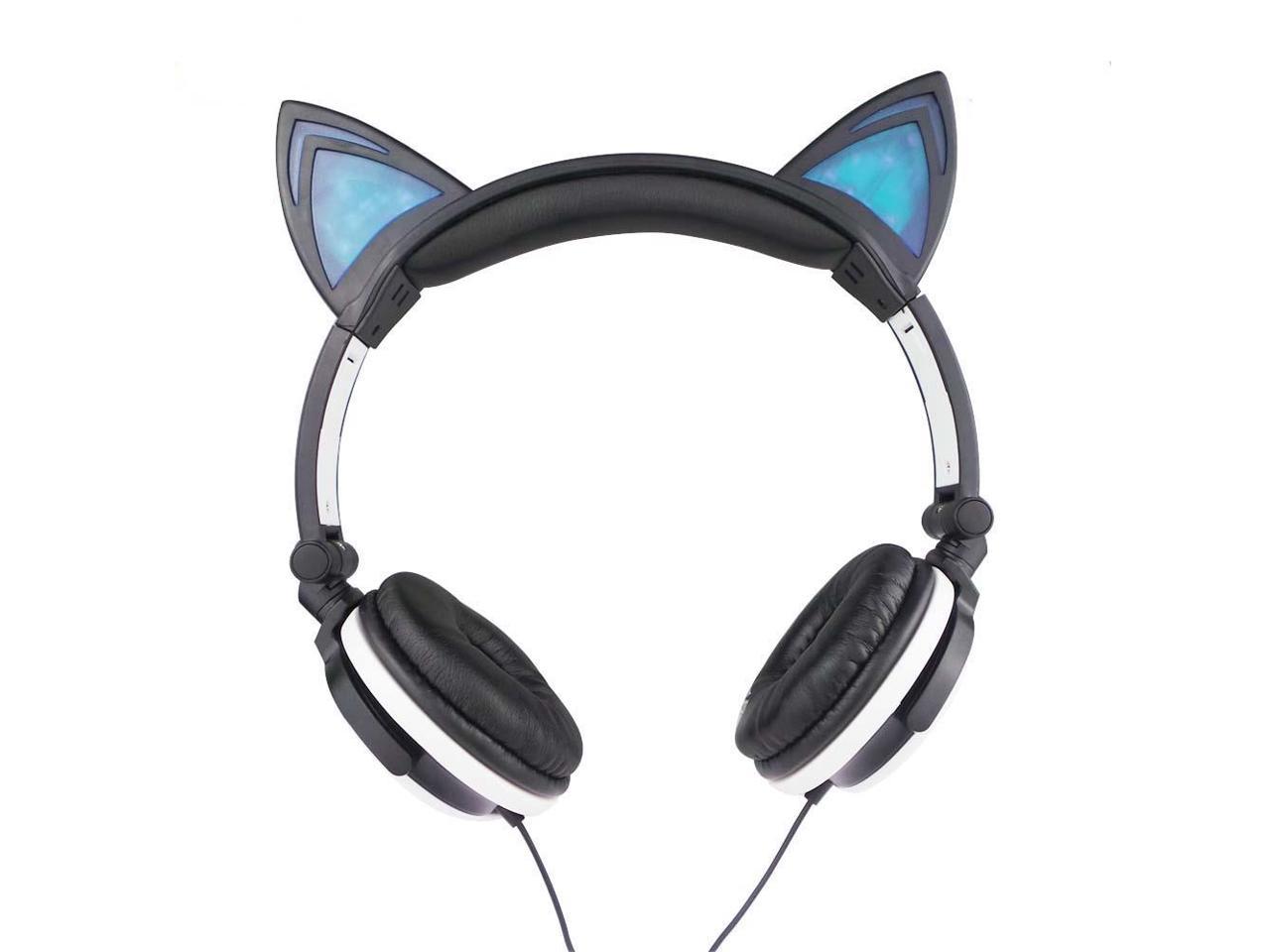 KOMRT Lovely Cat Ear Like Headphone with Blinking LED Lights, Stereo Voice Quality for Computer, Laptop, Cellphone - Black