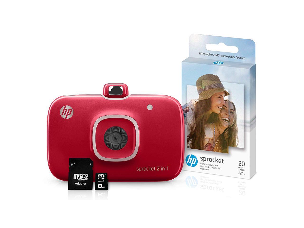 HP Sprocket 2-in-1 Portable Photo Printer & Instant Camera Bundle with 8GB MicroSD Card and ZINK Photo Paper – Red (5MS97A)