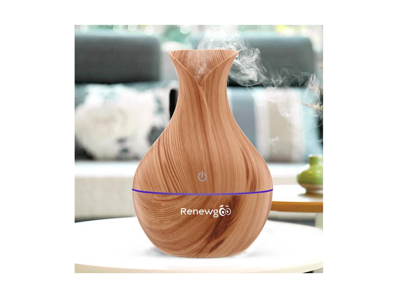 Renewgoo Color-Changing Vase Aroma Diffuser Essential Oil Humidifier and Mist Maker, Ultimate Aromatherapy, Therapeutic Calm Relaxation, Wood-Look, Light Brown