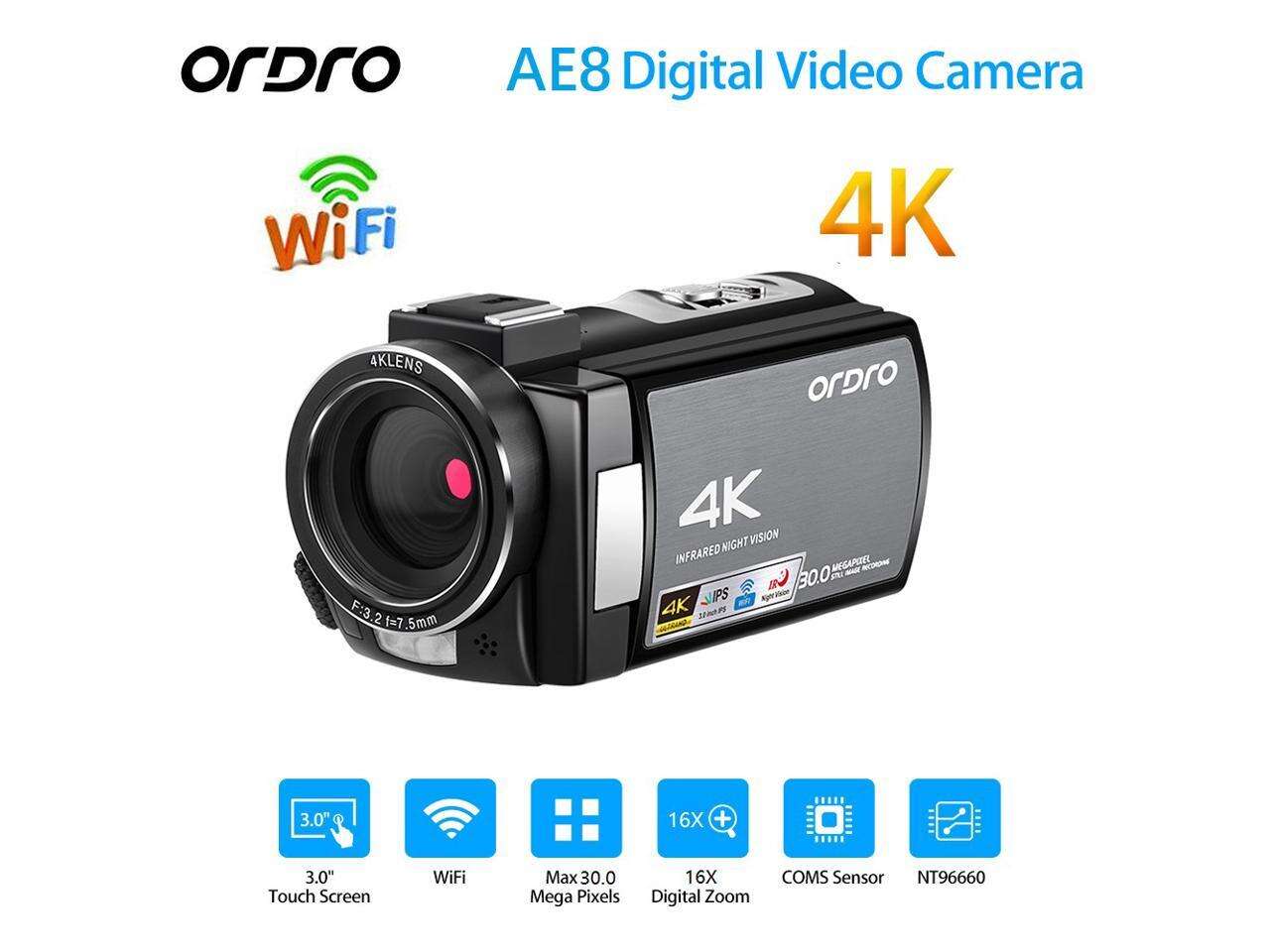 [ Original Authorized ] Ordro AE8 UHD 4K HDV Camera WiFi 30MP 16X Zoom IR Night Vision DV Digital Camcorder AE8