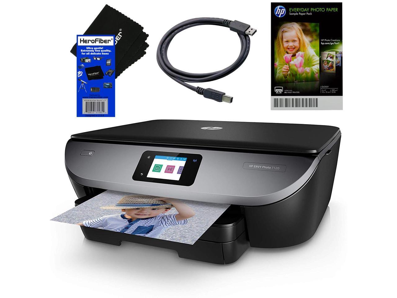 HP Photo Printer All-in-One Wireless Envy 7120 with Scanner & Copier + Ink Cartridges & Optional Instant Ink Subscription + USB Cable, Sample Photo Paper & HeroFiber