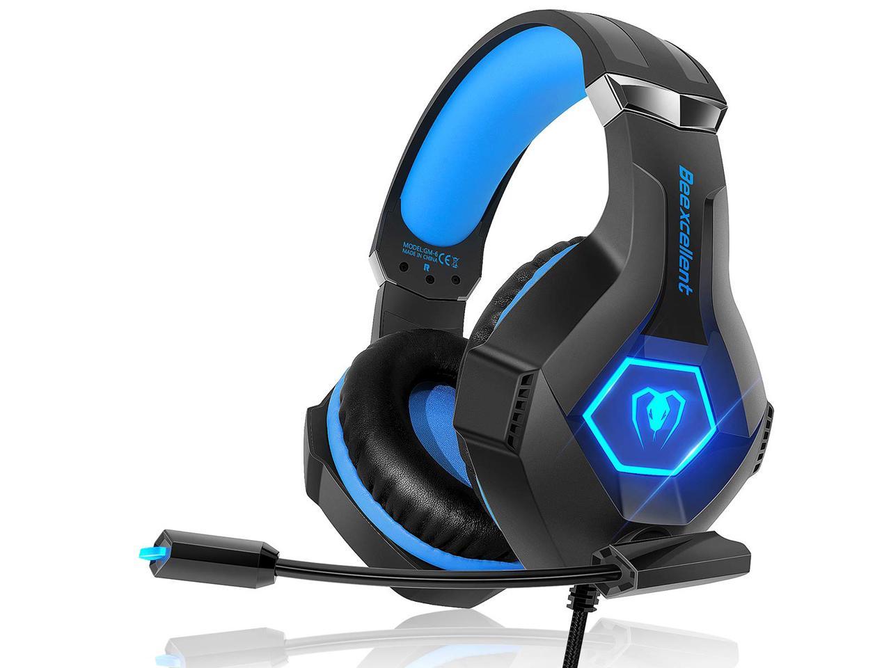 Gaming Headset for PS4 iKiKin Xbox One Headset with Mic, Stereo Surround Sound Noise Canceling Deep Bass LED Light, Wired Over Ear Gaming Headphones for PC iPad Laptop (Blue)