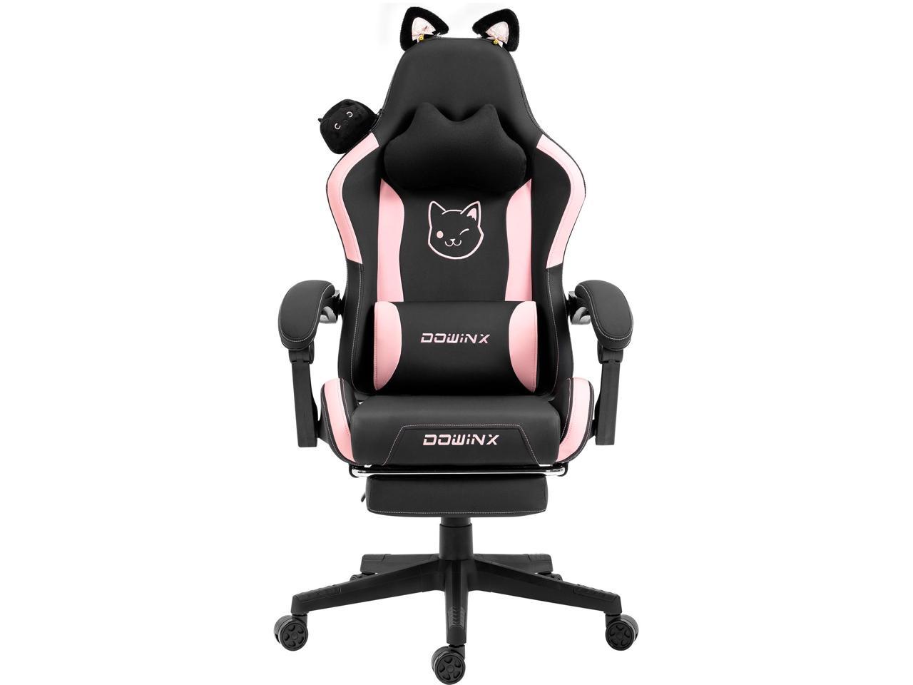 Dowinx Cute Cat-Ear Gaming Chair with Massaging Lumbar Support, Ergonomic Computer Gaming Chair for Girl and Adults, Reclining Comfort Game Chair with Footrest, Black