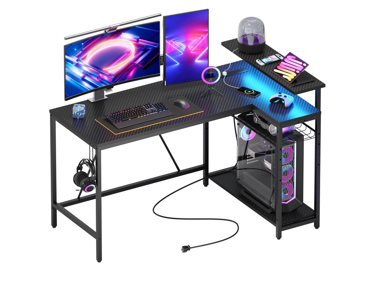 Bestier 52" Gaming Desk with Power Outlet & USB Ports, Reversible Small L Shaped Computer Desk with LED Strip & Headset Hooks for Home Office, Carbon Fiber Black